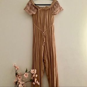 Tan color romper off the shoulder crochette detail